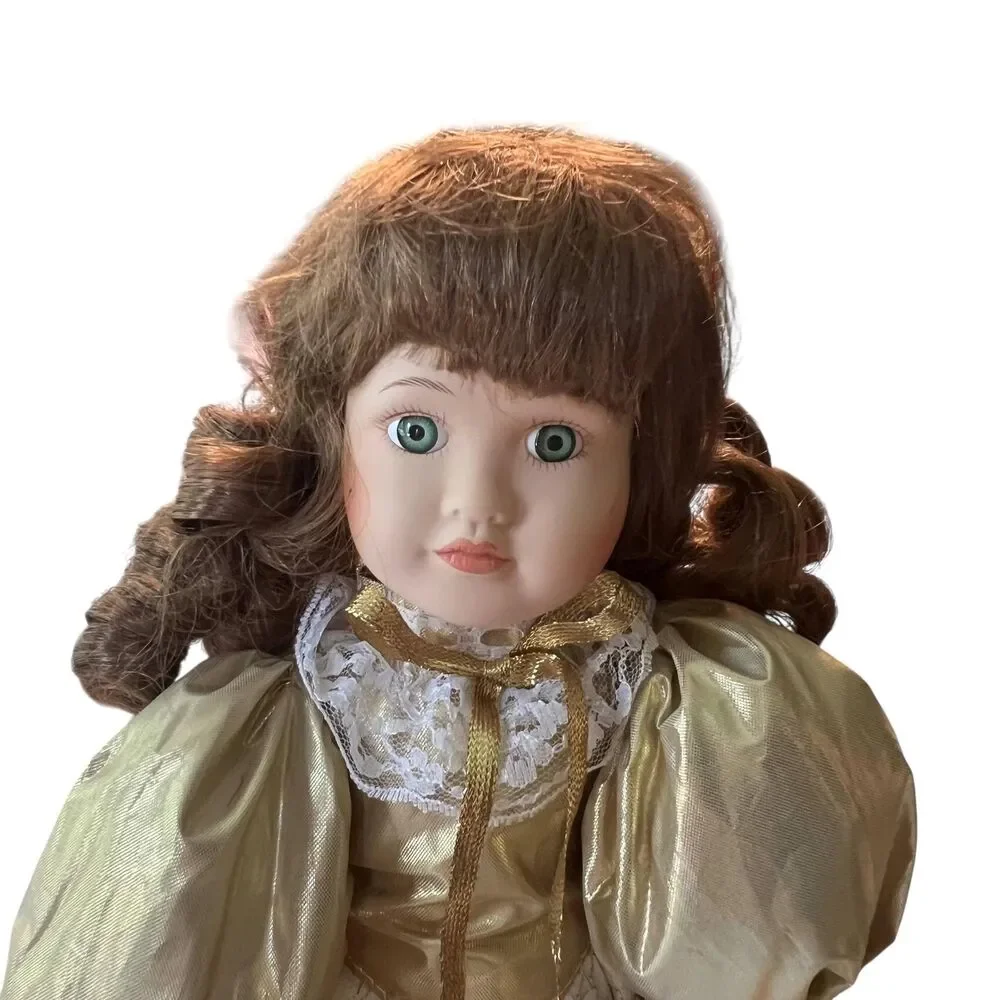 Porcelain Angel Doll Gold White Lace Dress Curly Brown Hair Decor Collectible